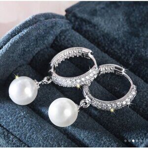 Luxury Elegant Faux Pearl Zircon Huggies Earrings 925 Silver Plated